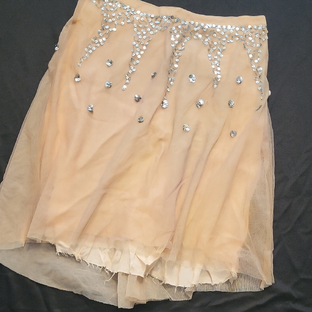 Lux Tan Midi Tulle And Sequin Skirt